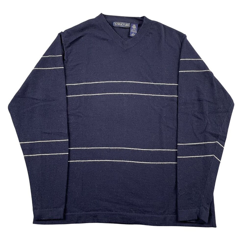 Structure Sweater Mens Large Navy 100% Merino Wool VNeck Pullover